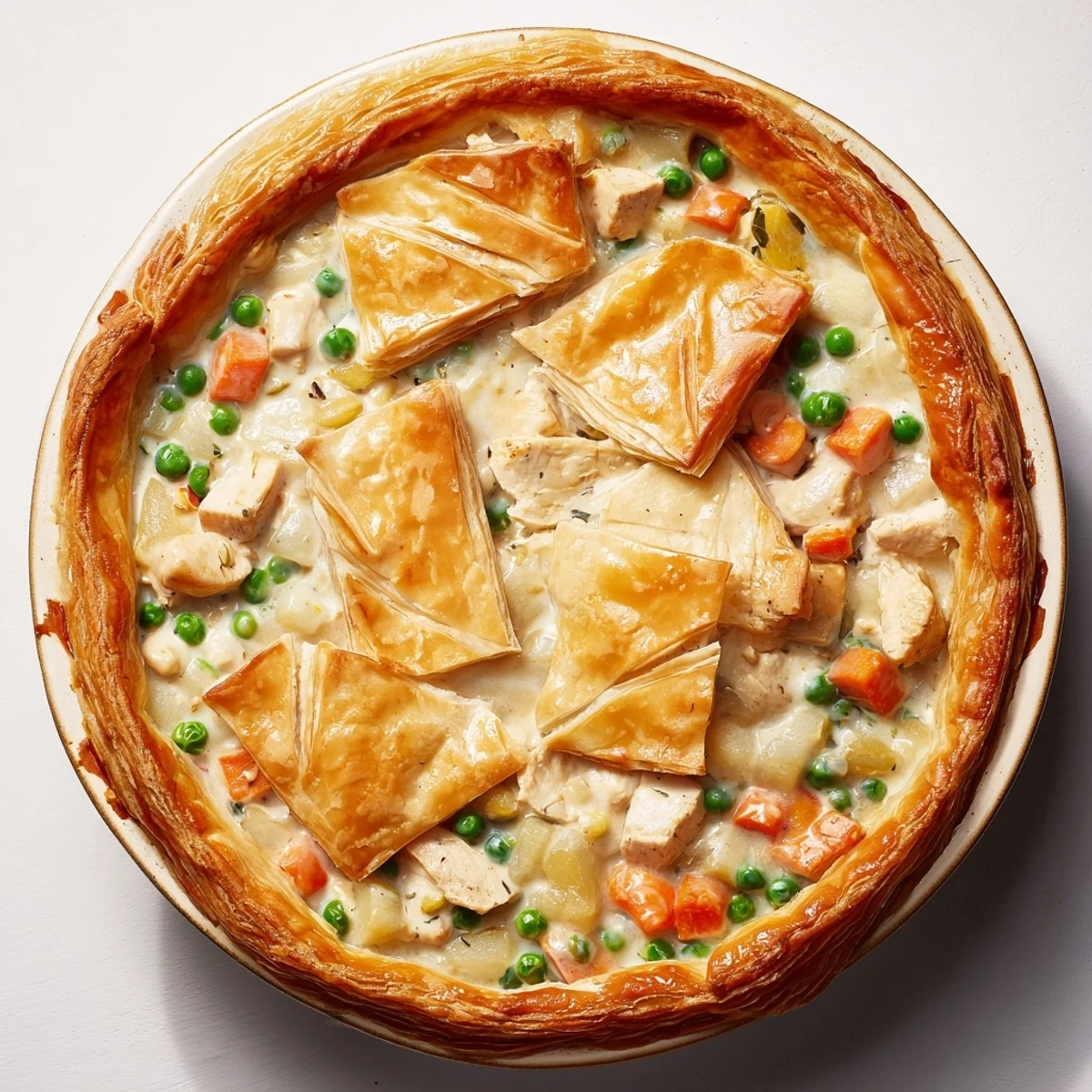 Savory chicken pot pie served on white plate with tender chunks and crisp topping