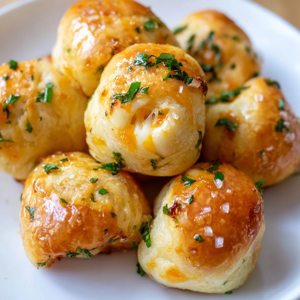 Golden triple cheese garlic stuffed bread bites fresh from the oven with melted cheese center
