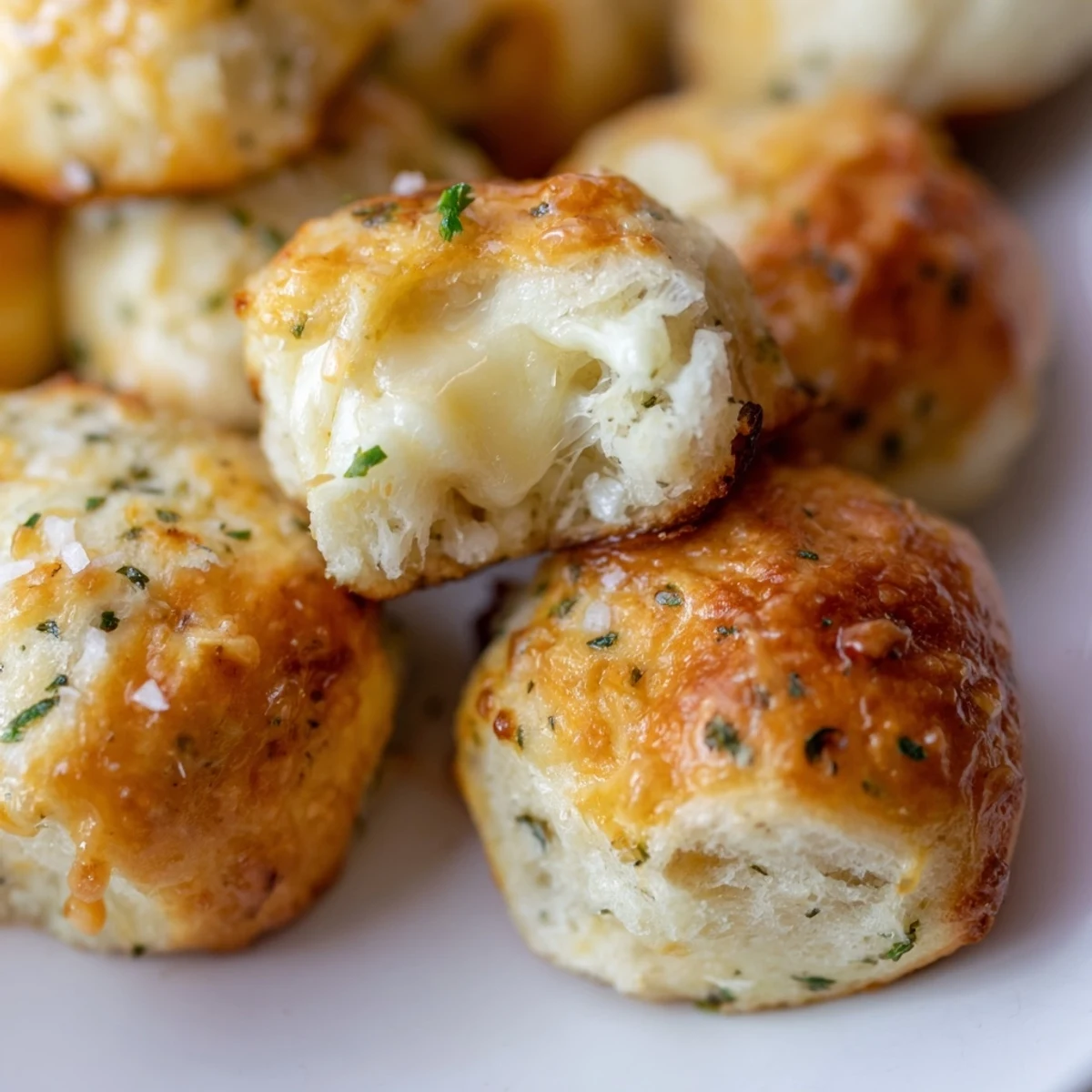 Soft appetizer bread bites stuffed with mozzarella cheddar and garlic butter brushed topping