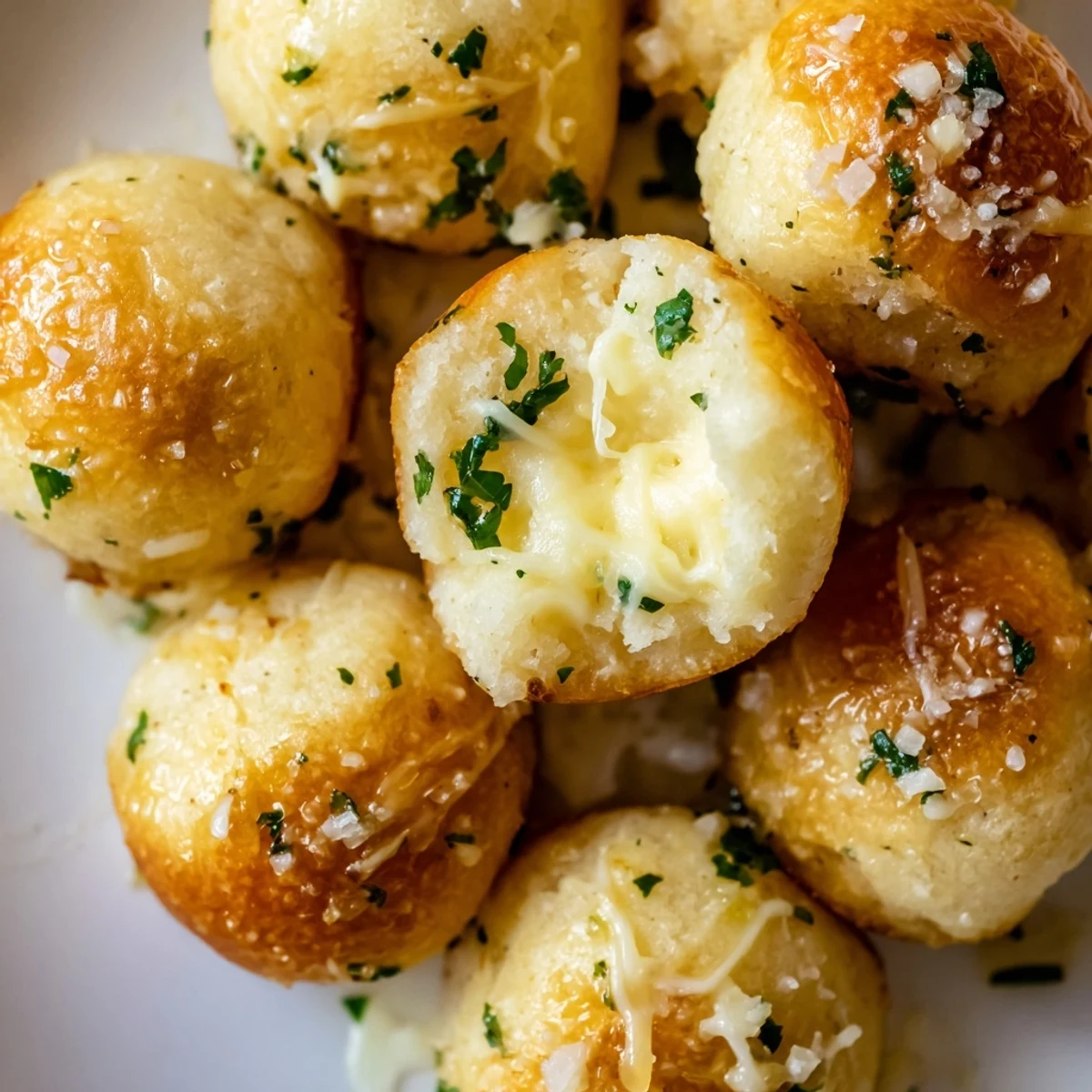 Warm triple cheese garlic stuffed bread bites sprinkled with parsley and flaky sea salt