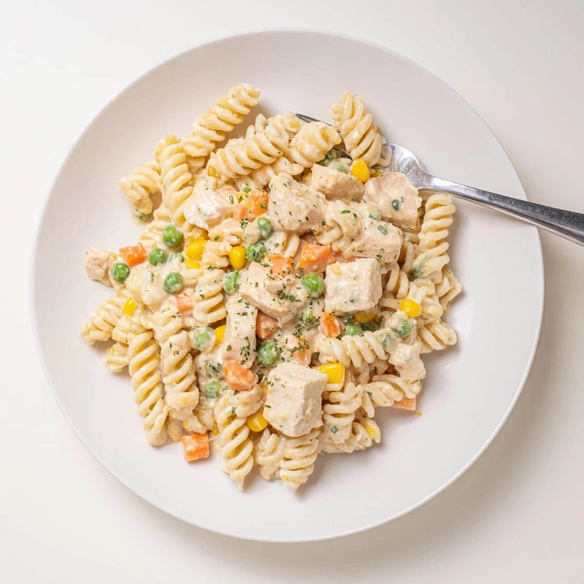 One-pan chicken pot pie pasta featuring rotini tossed with peas, carrots, and melted cheddar cheese
