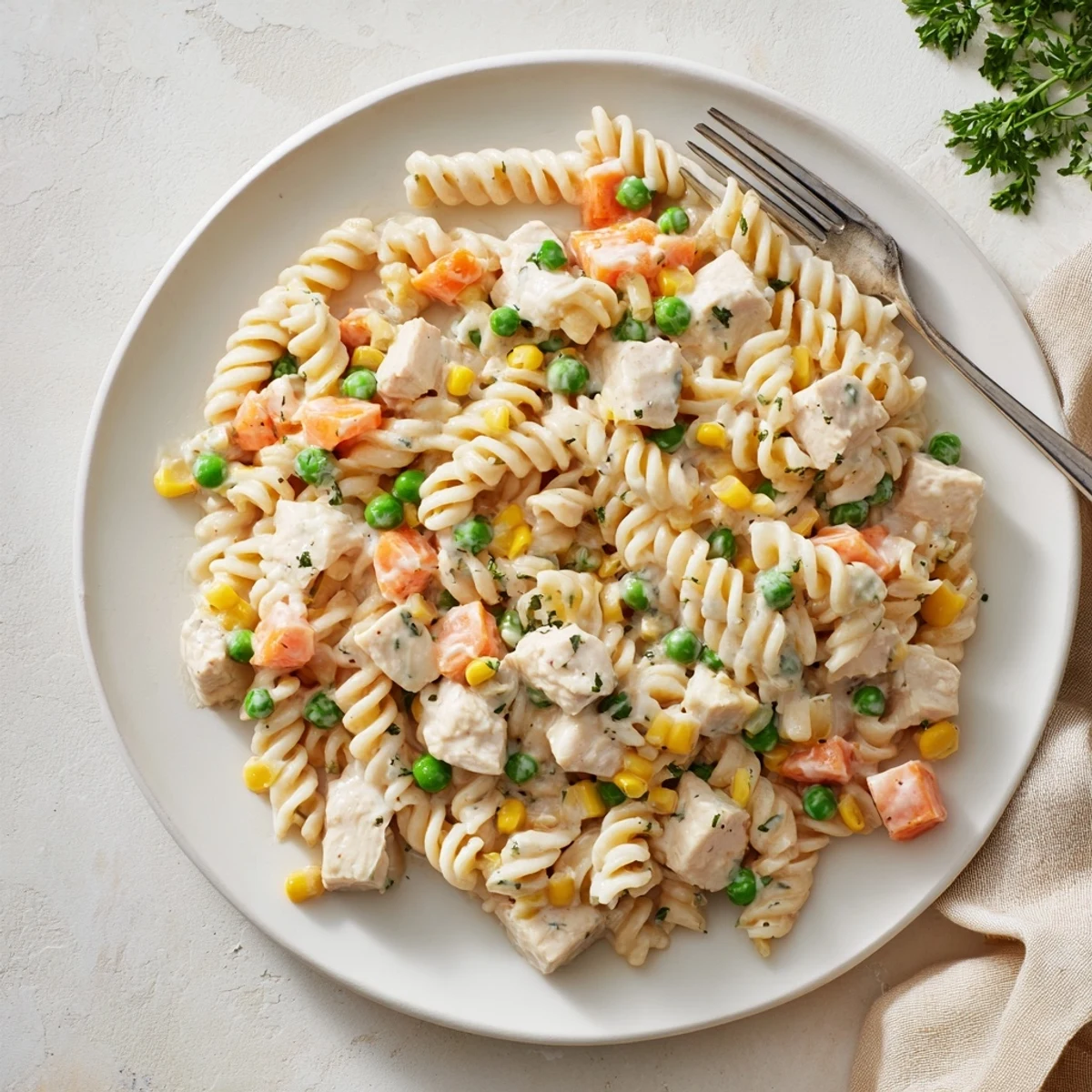 Creamy chicken pot pie pasta loaded with tender vegetables and cubed chicken in a rich white sauce