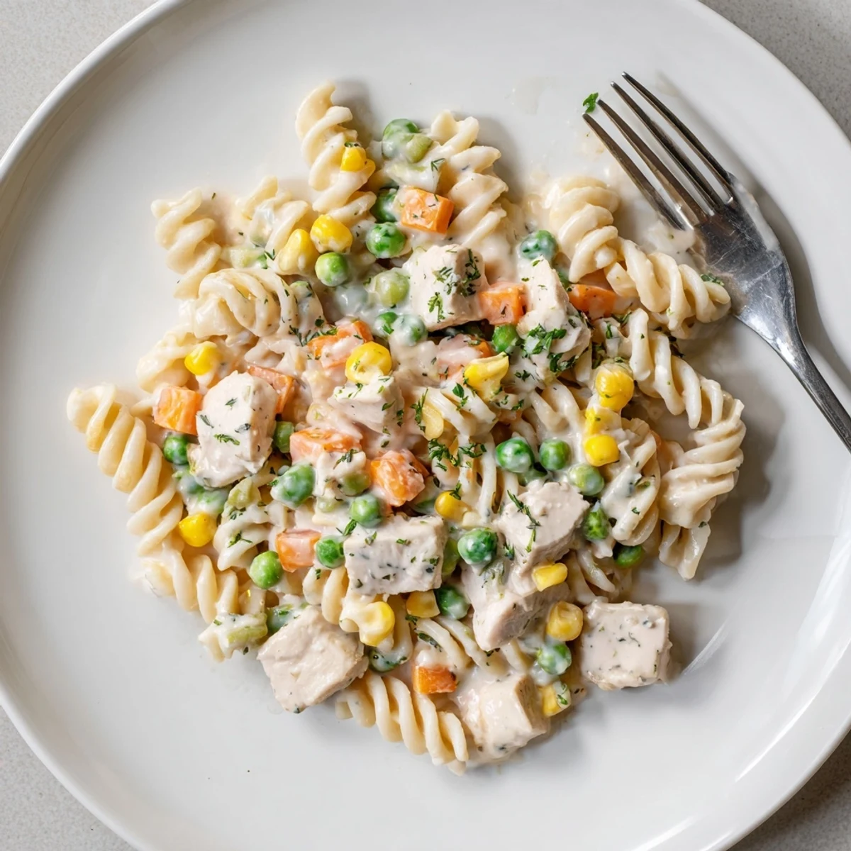 Golden chicken pot pie pasta served hot with colorful mixed vegetables and savory shredded chicken breast