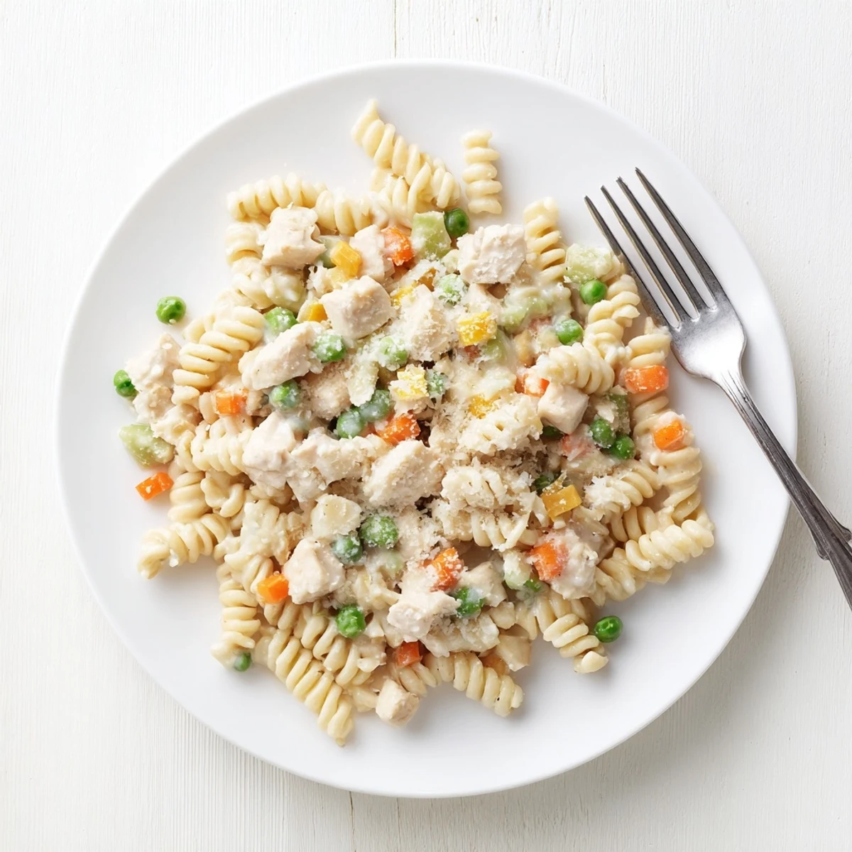 Steaming chicken pot pie pasta tossed with peas, carrots, and shredded chicken in rich sauce