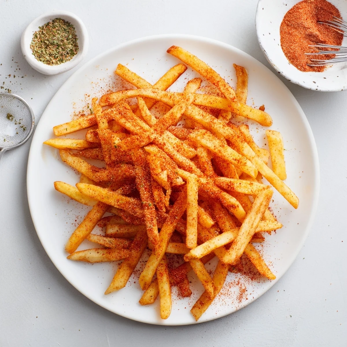 Golden brown French fry seasoning blend with smoky paprika and garlic powder sprinkled over crispy fries