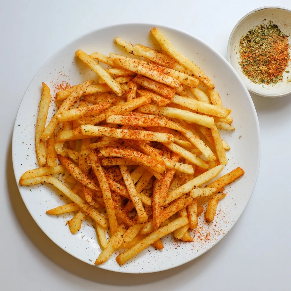 Vibrant red homemade French fry seasoning mix featuring paprika chili powder and aromatic spices in a bowl