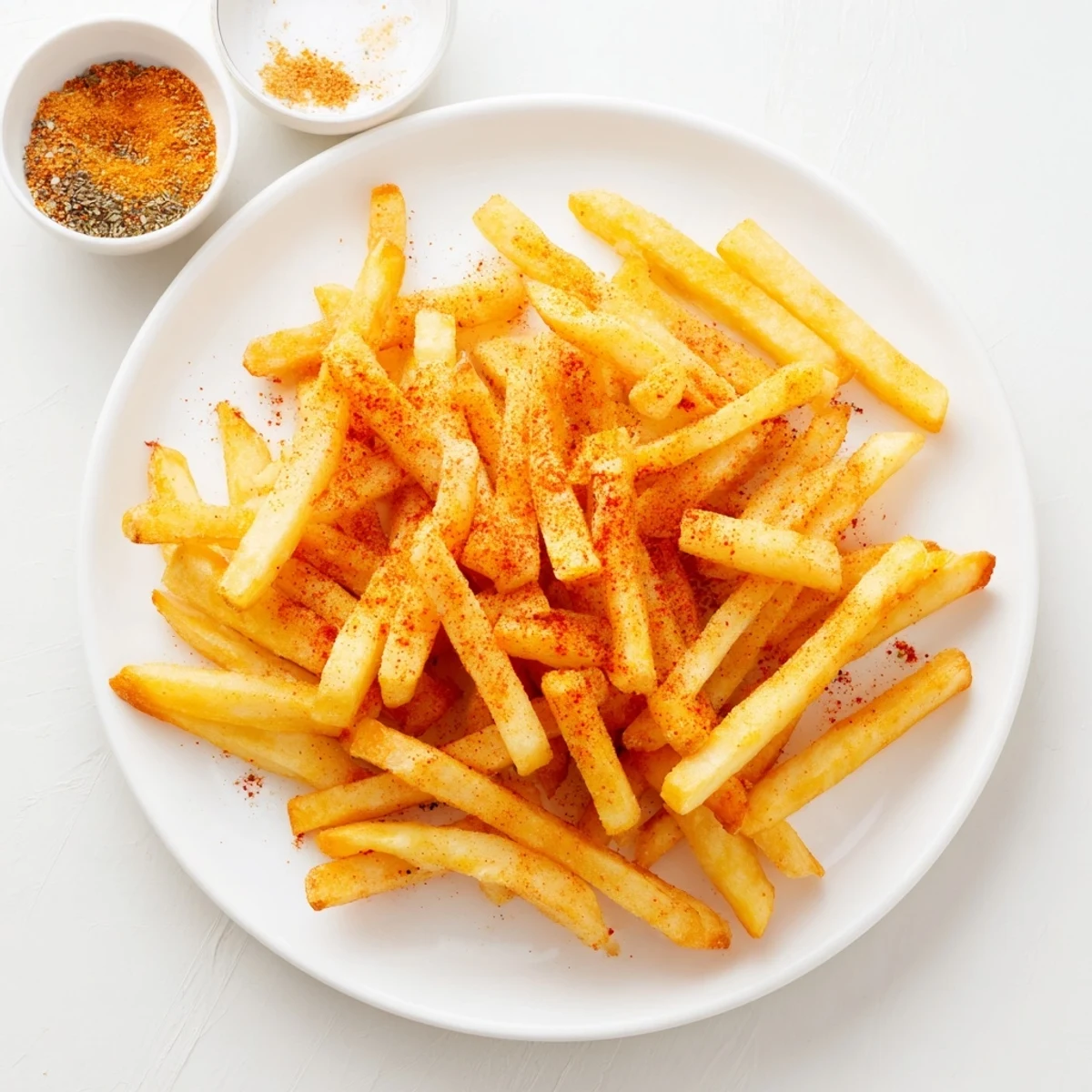 Close up of savory French fry seasoning blend containing garlic onion parsley and black pepper on white surface