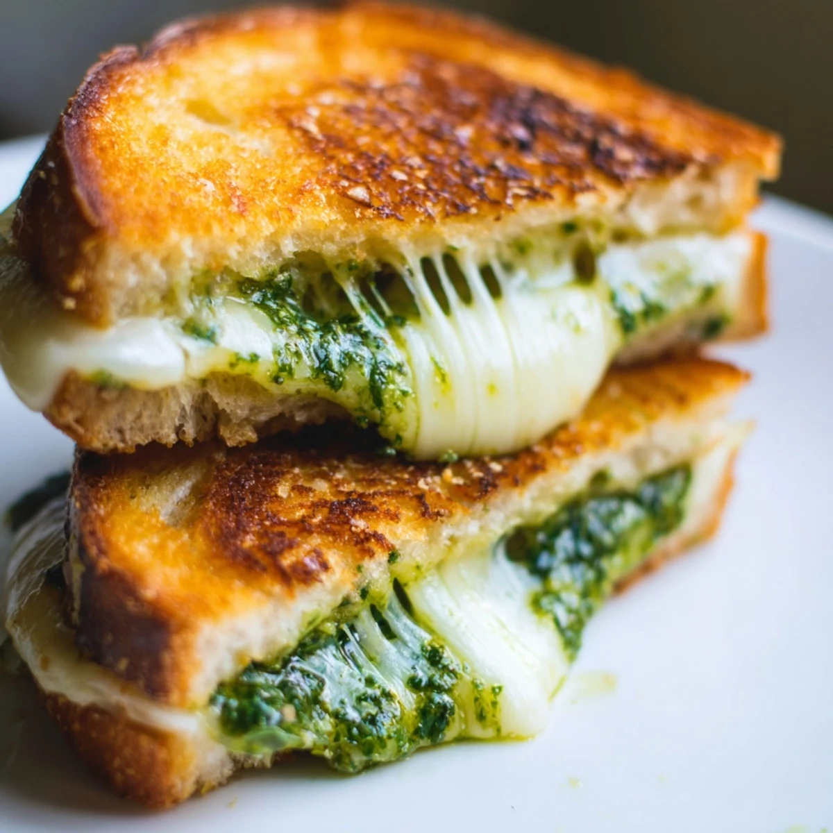 Golden brown sourdough pesto grilled cheese sandwich with melty cheese oozing from crispy buttered edges