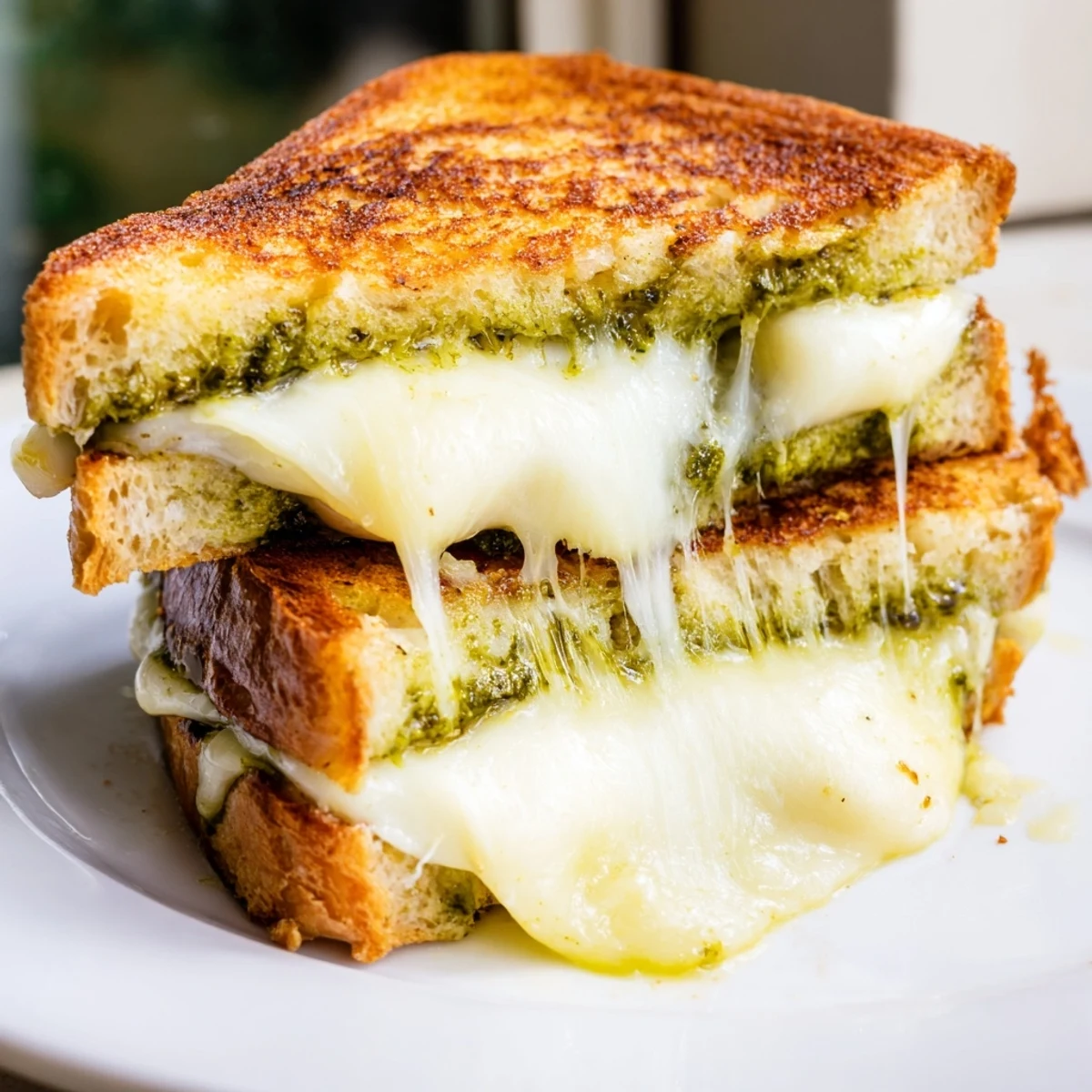 Sliced gourmet grilled cheese featuring tangy sourdough layered with vibrant green pesto and melted mozzarella