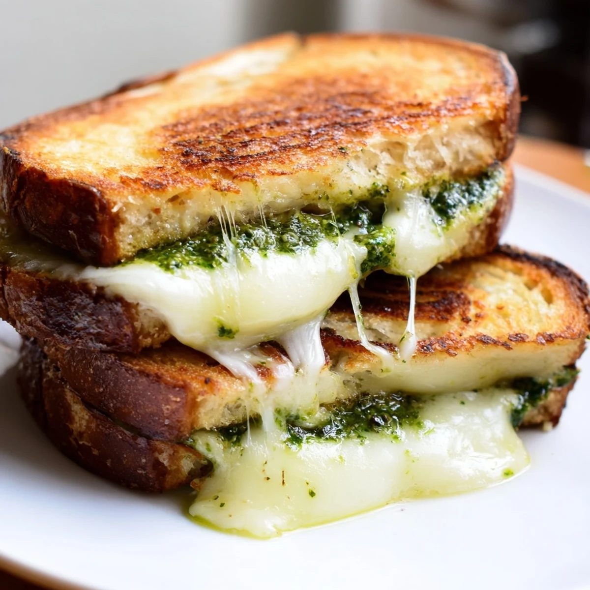 Crispy pan-fried sourdough pesto grilled cheese cut into triangles displaying gooey cheesy layers inside