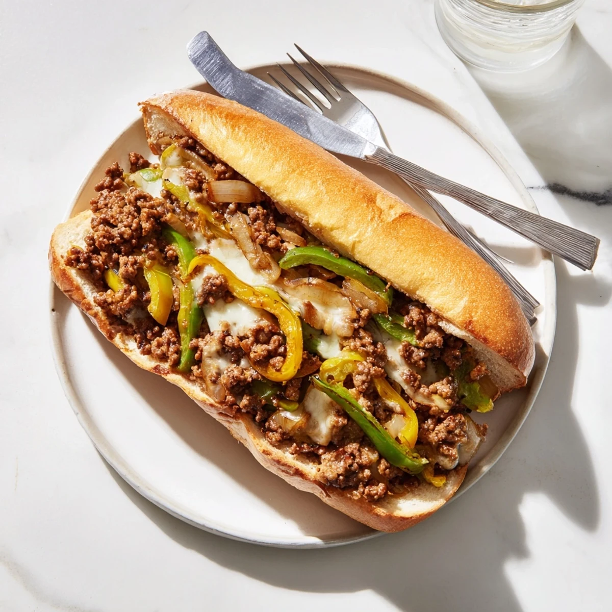 Savory ground beef Philly cheesesteaks topped with melted cheese slices, peppers, and onions served on warm toasted sub rolls