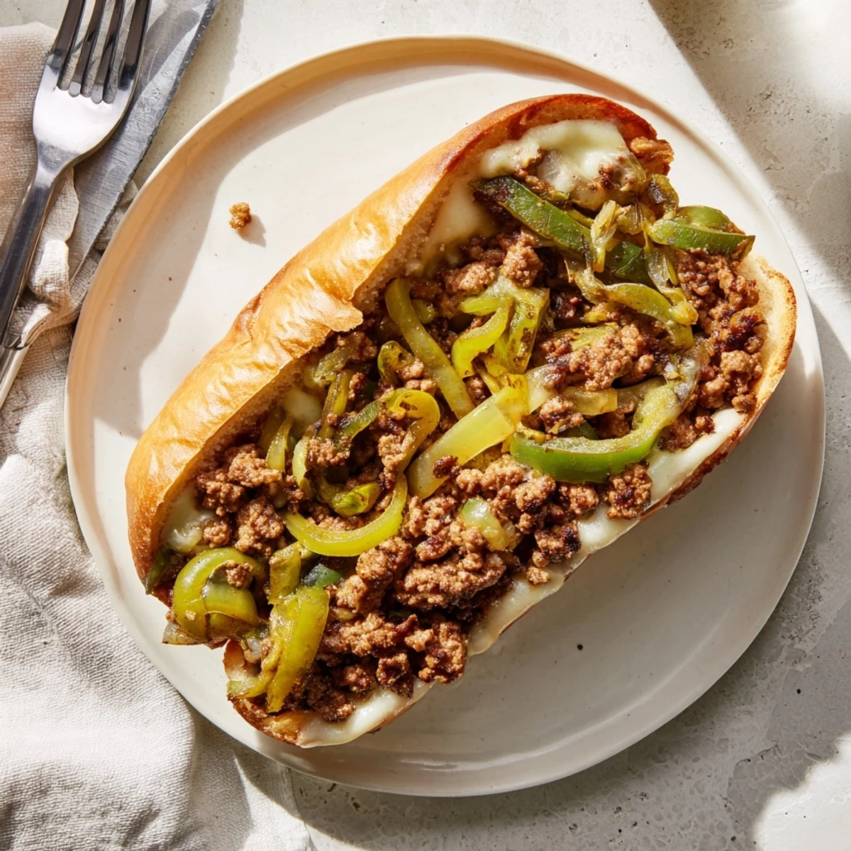 Golden ground beef Philly cheesesteak sandwich piled with melted provolone and sautéed vegetables on toasted hoagie roll