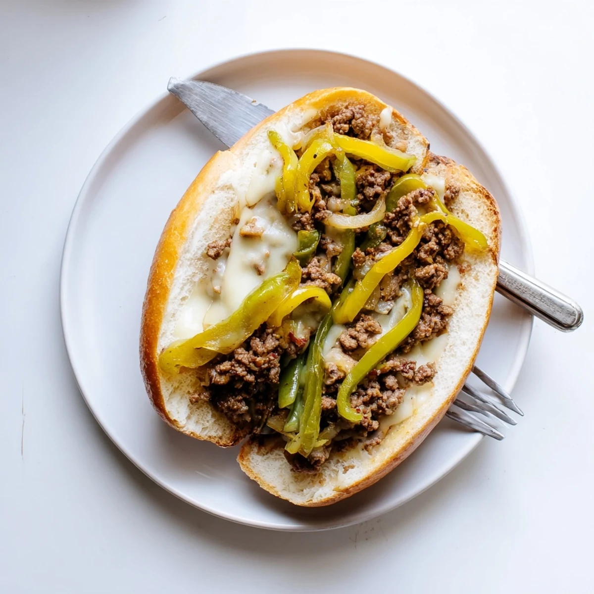 Hearty ground beef Philly cheesesteak overflowing with cheesy beef mixture and caramelized vegetables inside a crispy brown hoagie bun