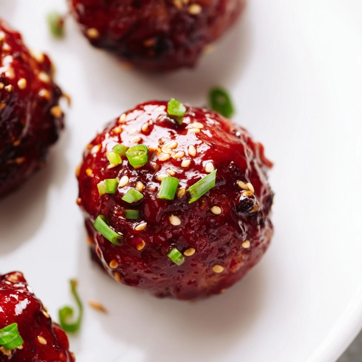 Golden brown Korean BBQ meatballs glazed with sweet spicy sauce alongside creamy white spicy mayo dip