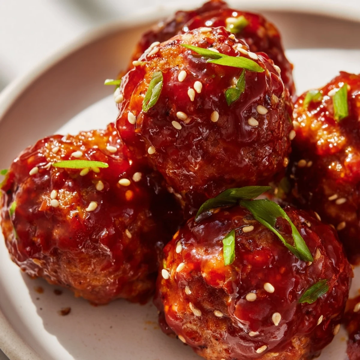 Platter of Korean BBQ meatballs brushed with glossy glaze served with zesty mayo dipping sauce