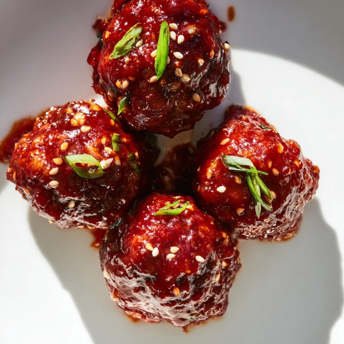 Baked Korean BBQ meatballs tossed in tangy glaze garnished with sesame seeds next to smooth dip