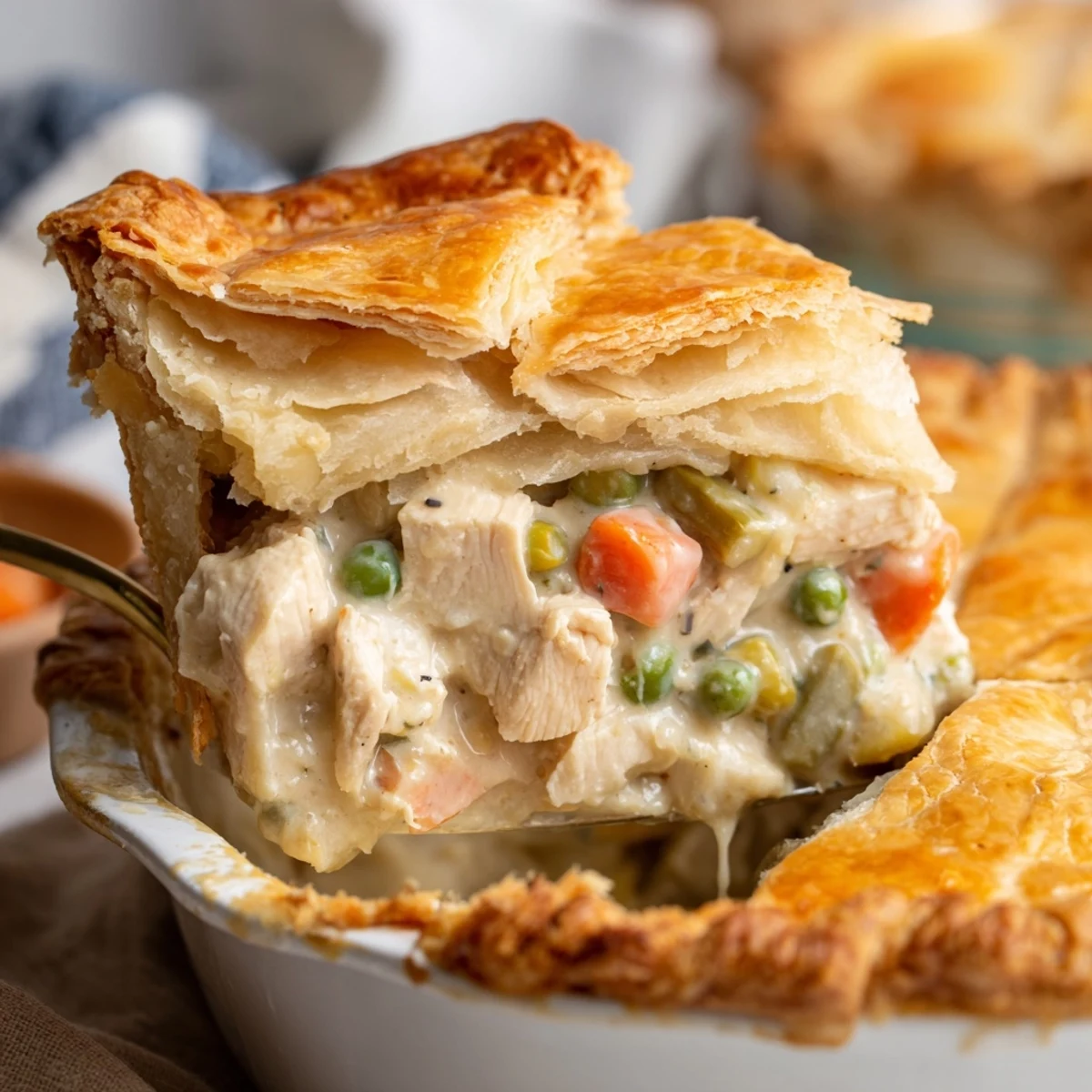 Golden pot pie with flaky pastry crust and creamy chicken vegetable filling bubbling through steam vents