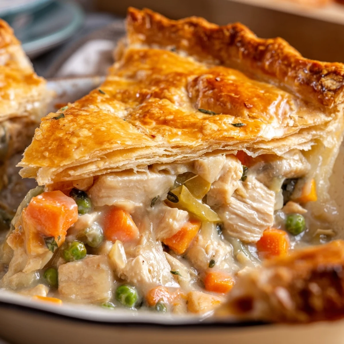 Savory pot pie fresh from the oven with golden brown pastry topping hearty meat and vegetable medley inside