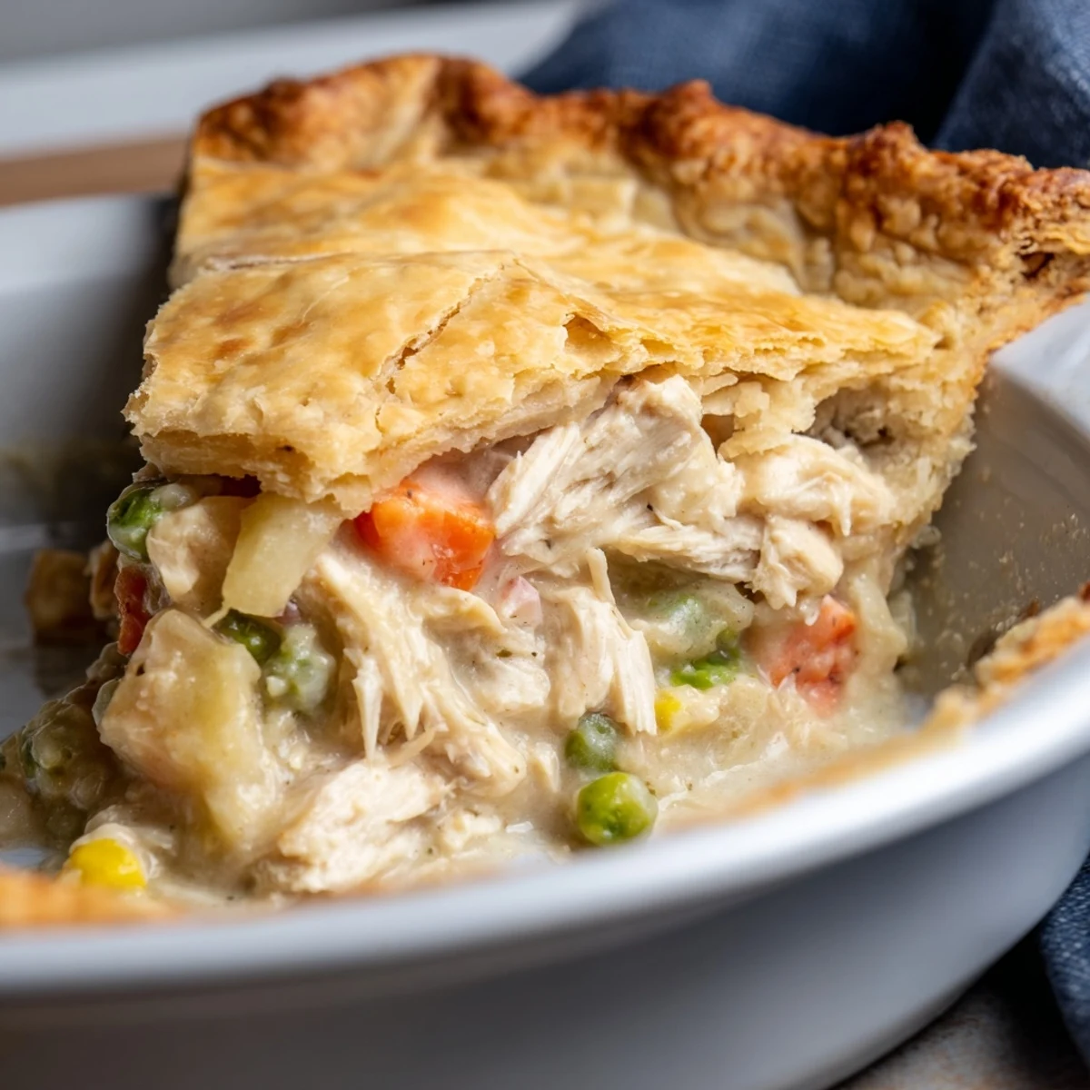 Homemade pot pie featuring buttery baked crust over tender chunks of chicken carrots and peas in rich gravy