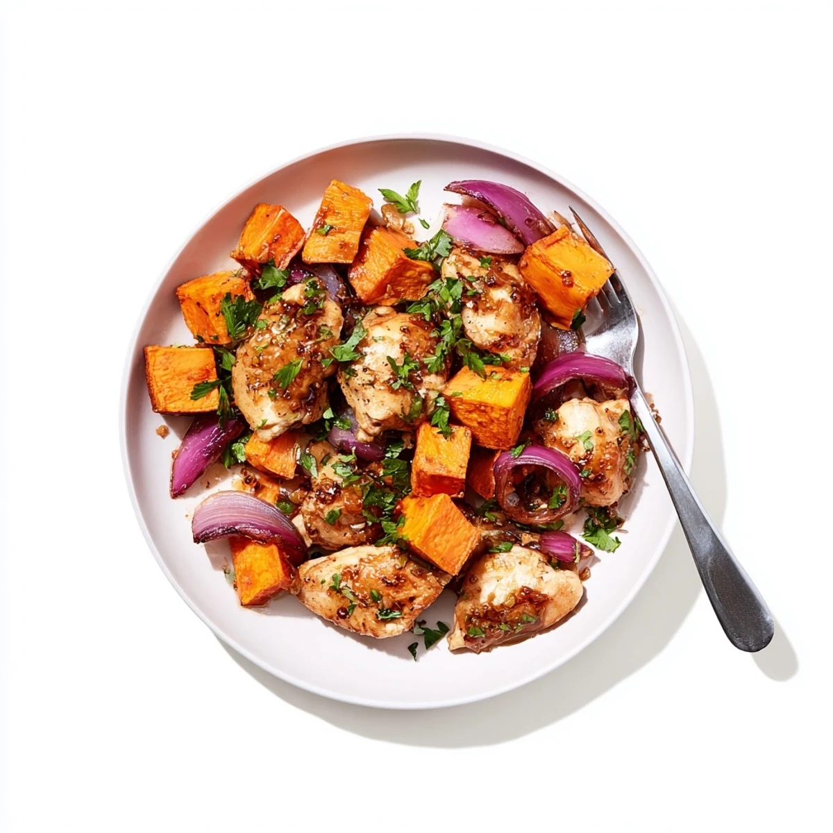 Golden glazed honey garlic chicken and sweet potato roasted on a baking sheet with caramelized edges