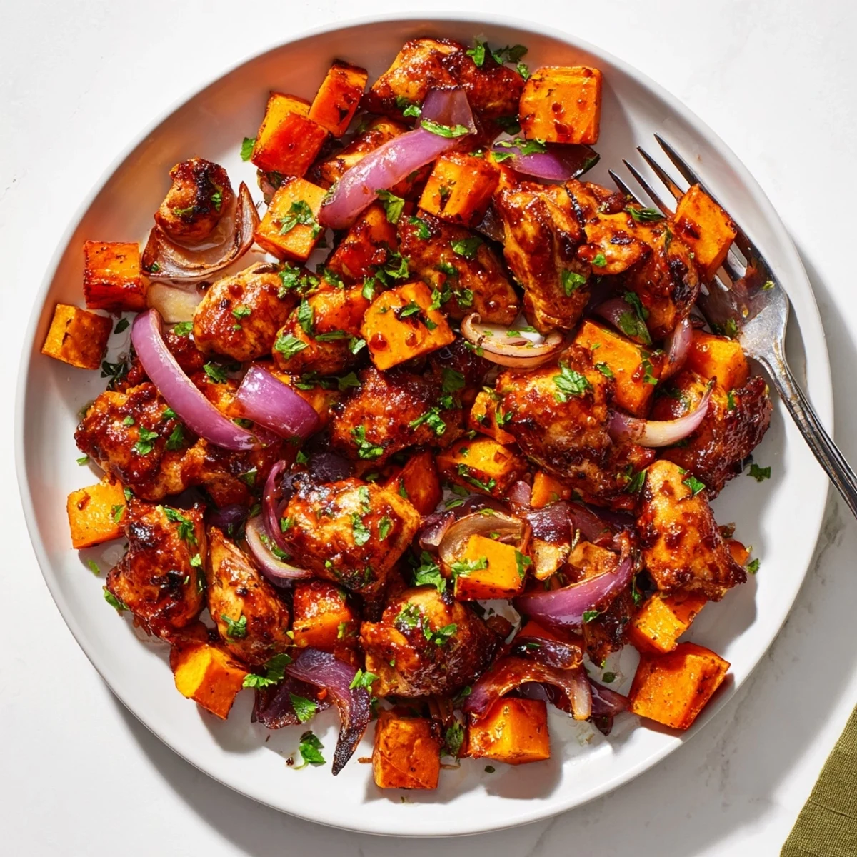 Sheet pan honey garlic chicken and sweet potato dinner with fresh parsley garnish on white plate