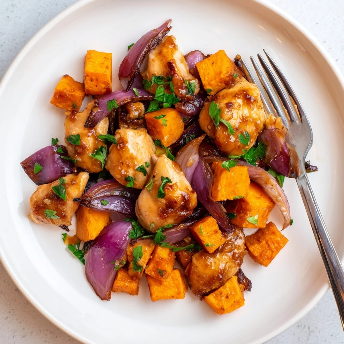 Tender chicken breasts coated in sticky honey garlic sauce alongside roasted sweet potato cubes and red onion