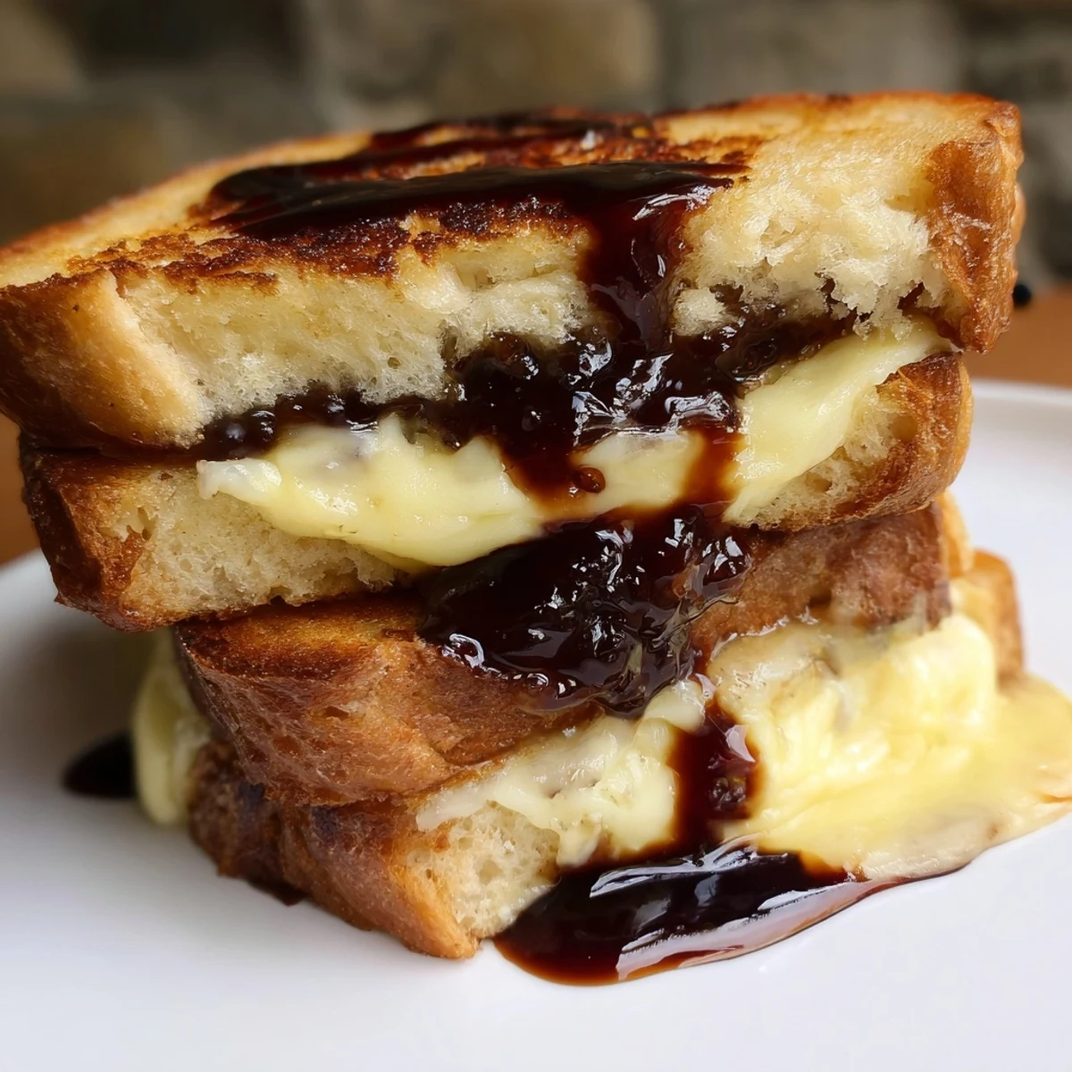 Golden sweet and savory Brie grilled cheese sandwich with melted Brie and apricot preserves drizzled with balsamic reduction on a white plate