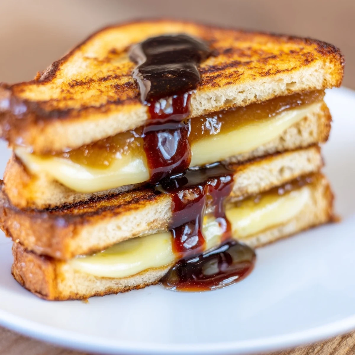 Sliced sourdough Brie grilled cheese with gooey melted cheese and apricot preserves finished with tangy balsamic drizzle