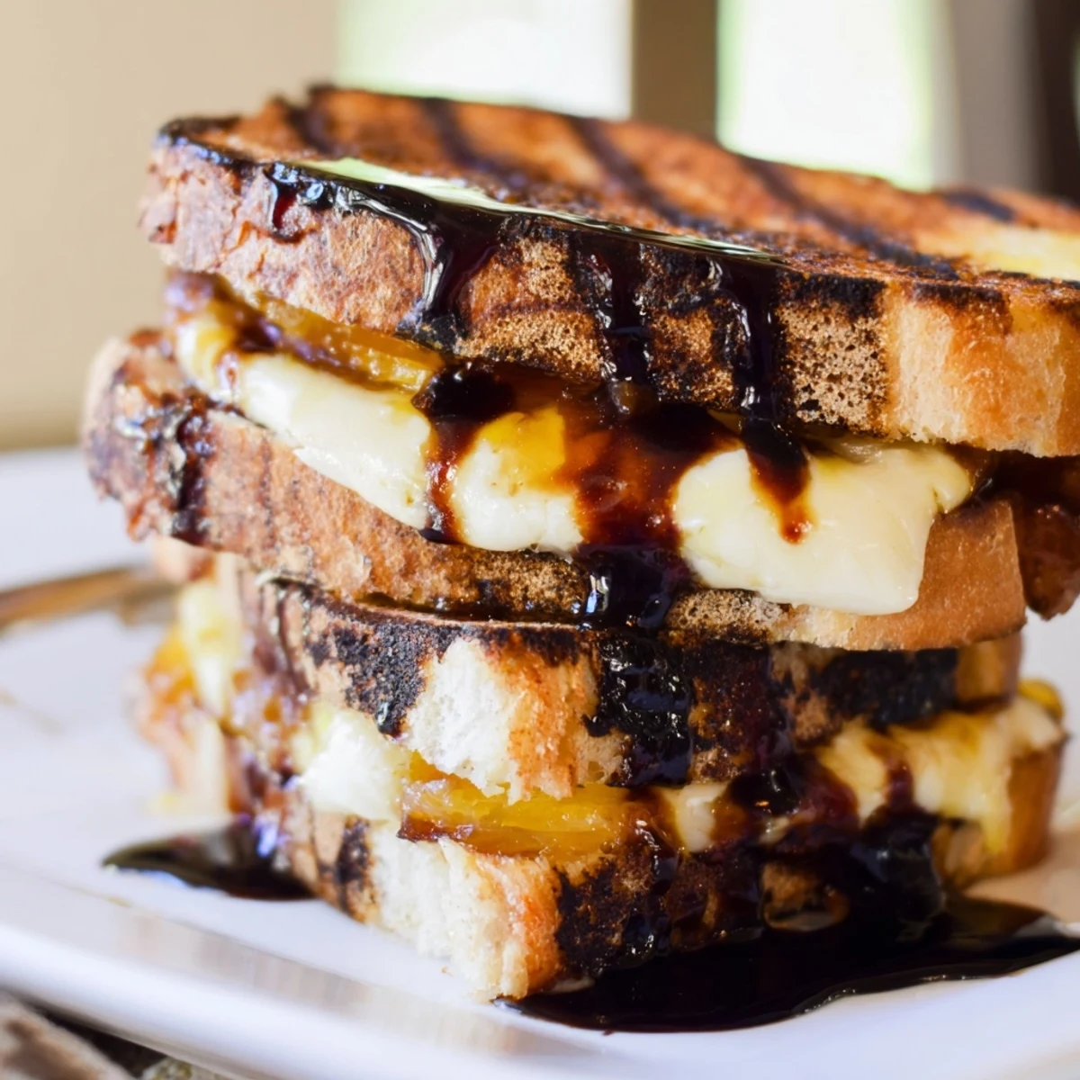 Gourmet Brie grilled cheese featuring creamy melted cheese and sweet apricot jam topped with dark balsamic honey glaze