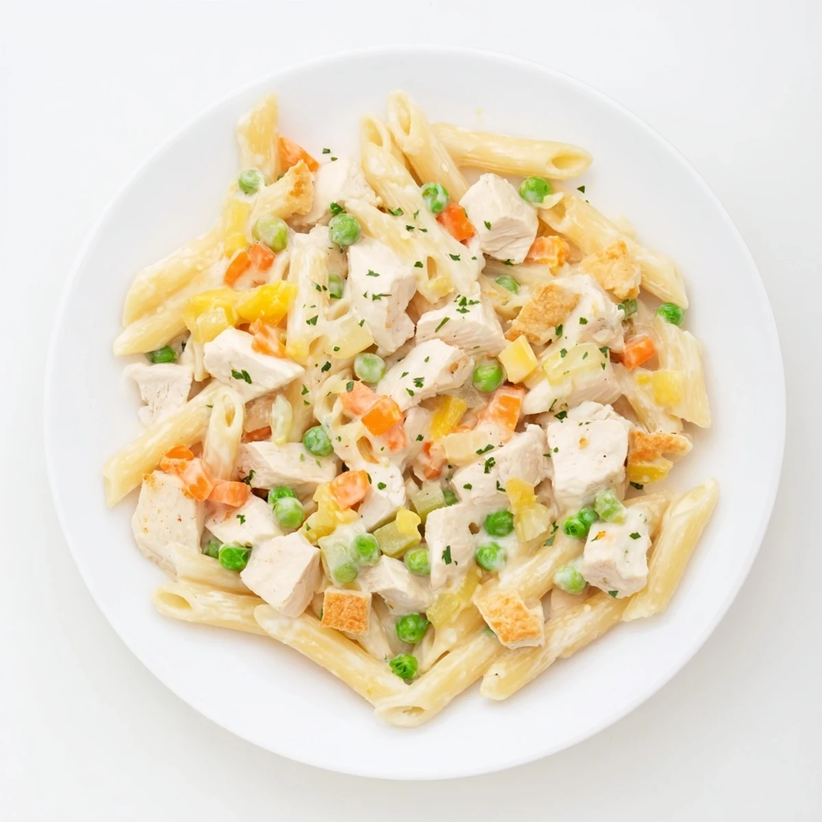 Creamy chicken pot pie pasta tossed with tender vegetables in a rich, golden sauce bubbling in a serving bowl