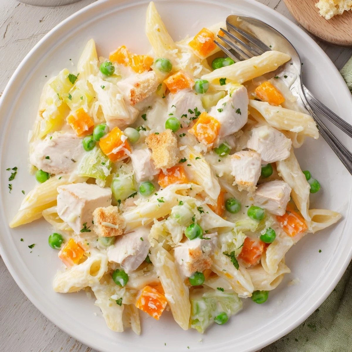 Golden cracker-topped pot pie pasta casserole featuring cubed chicken, carrots, and peas in a velvety cream sauce