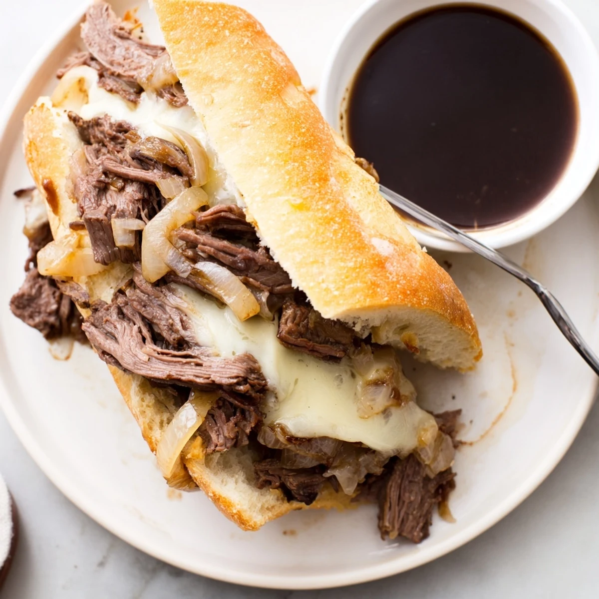 Savory Crockpot French Dip Sandwiches featuring tender shredded beef and melted provolone on toasted rolls