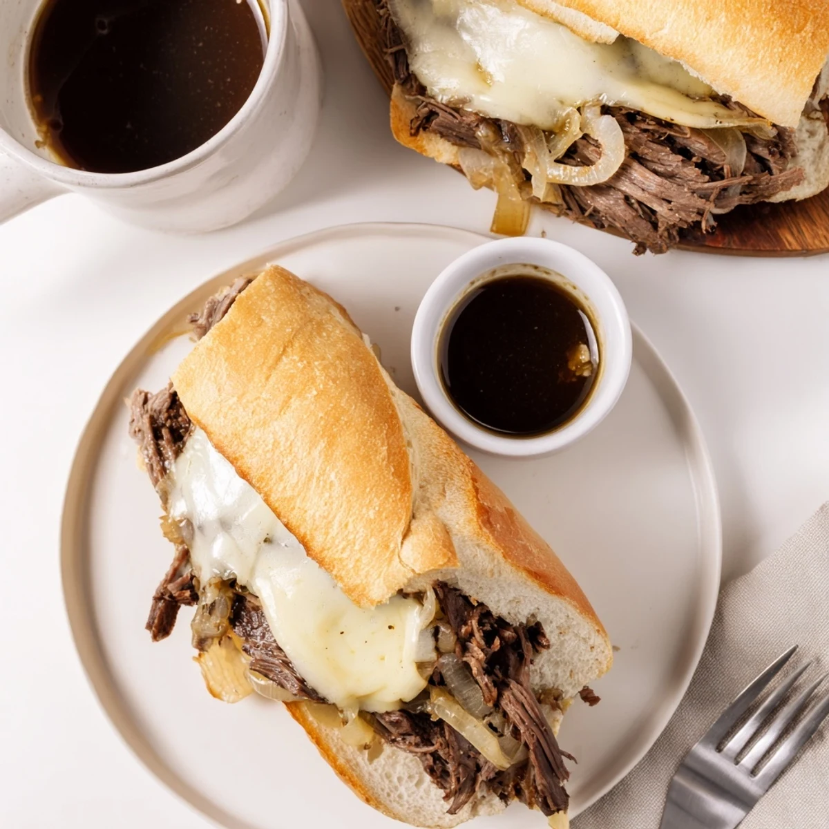 Golden Crockpot French Dip Sandwiches with melted cheese ready to dip into flavorful dark beef broth