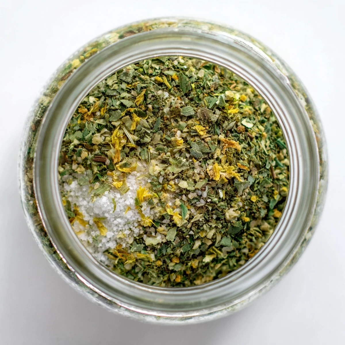 Homemade dehydrated tzatziki seasoning mix with dried dill, garlic powder, and parsley in a glass jar