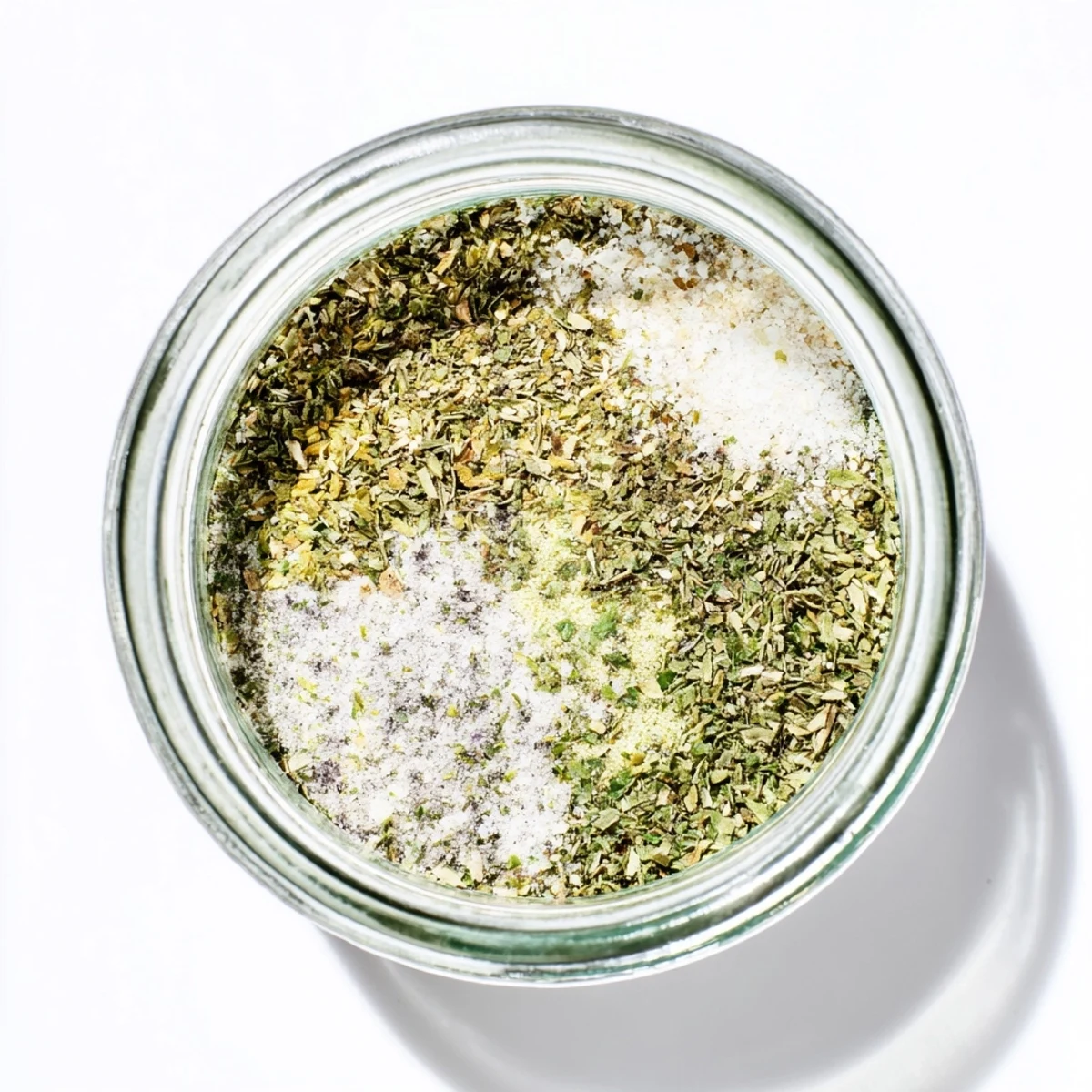Close up of dehydrated tzatziki seasoning mix spooned into an airtight container for pantry storage
