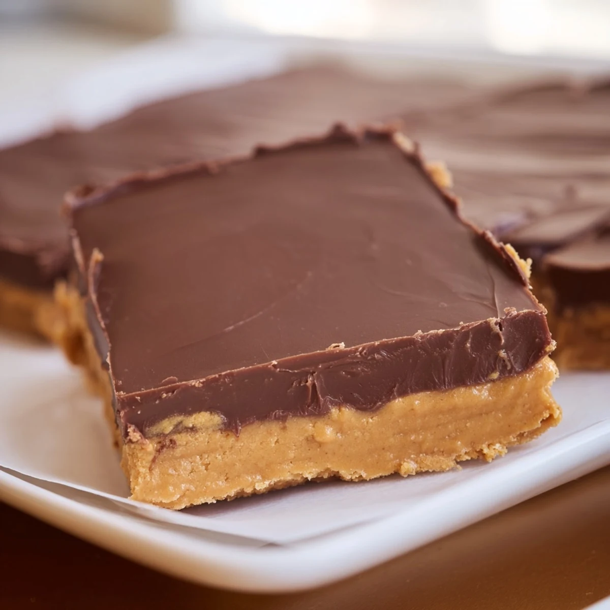 Golden no-bake peanut butter bars with smooth chocolate ganache topping, cut into neat squares on a white serving plate
