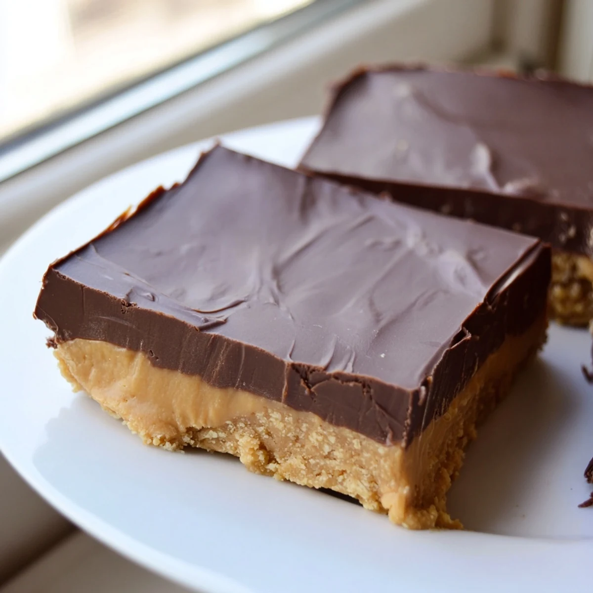 Homemade peanut butter bars showcasing the thick graham cracker crust beneath glossy melted chocolate topping