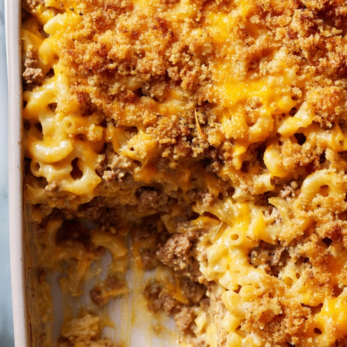 Golden baked mac and cheese meatloaf casserole with melted cheesy crust and rich beef layer
