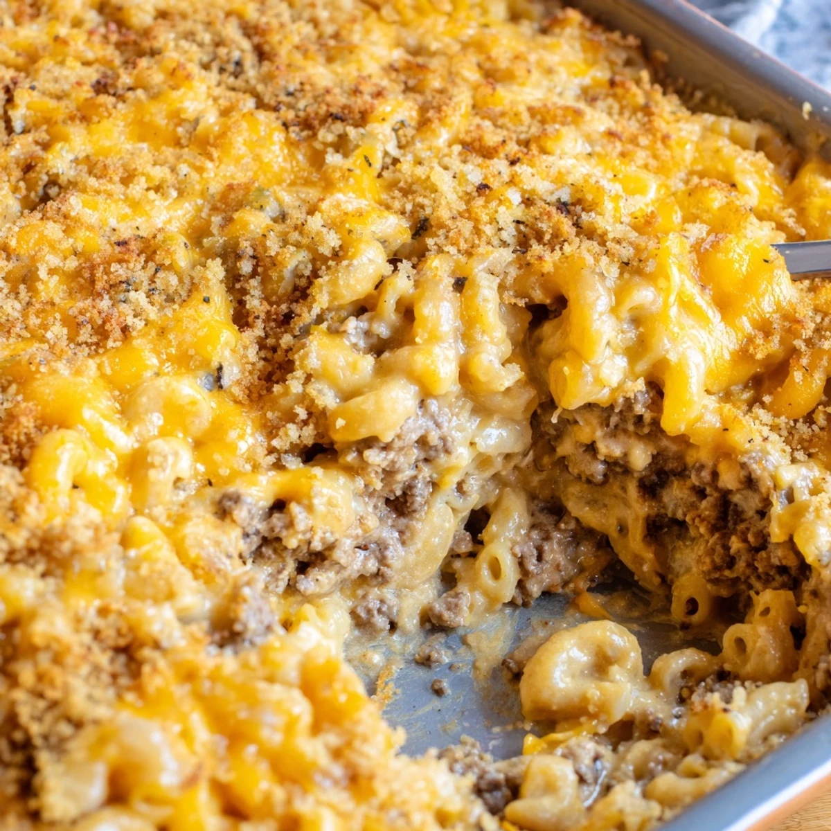 Sliced mac and cheese meatloaf casserole serving showing tender beef with cheesy pasta topping