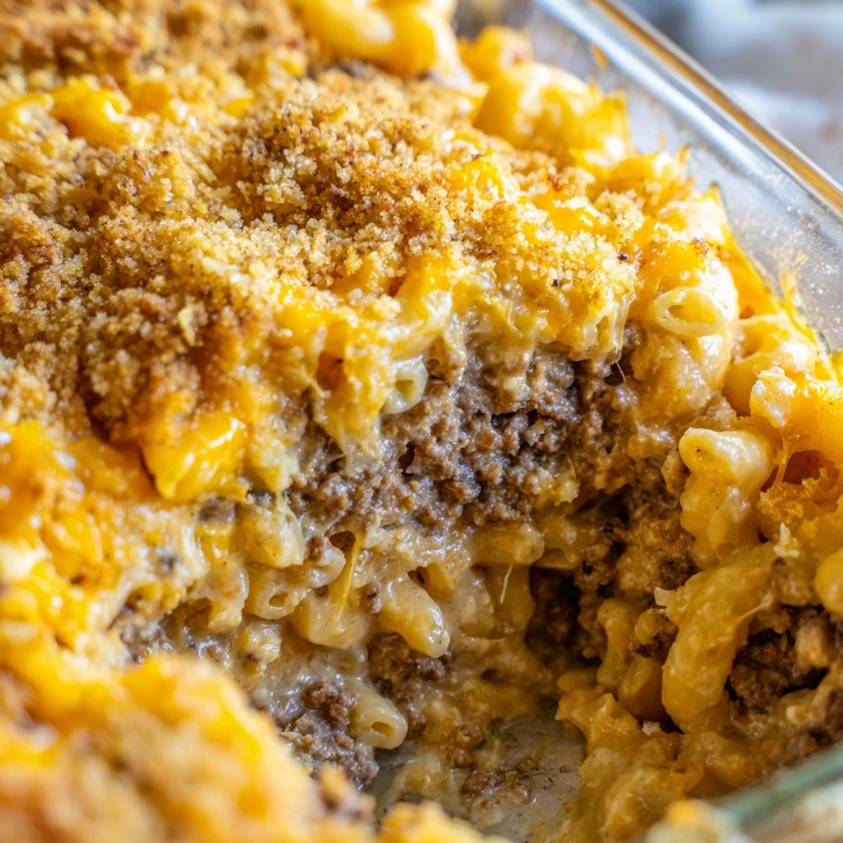 Hearty meatloaf base topped with creamy macaroni and cheese, baked until bubbly and golden brown