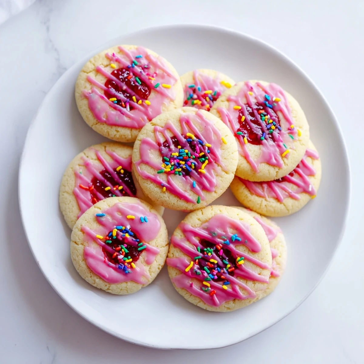 Soft golden-brown strawberry Pop-Tart cookies drizzled with pink glaze and colorful sprinkles