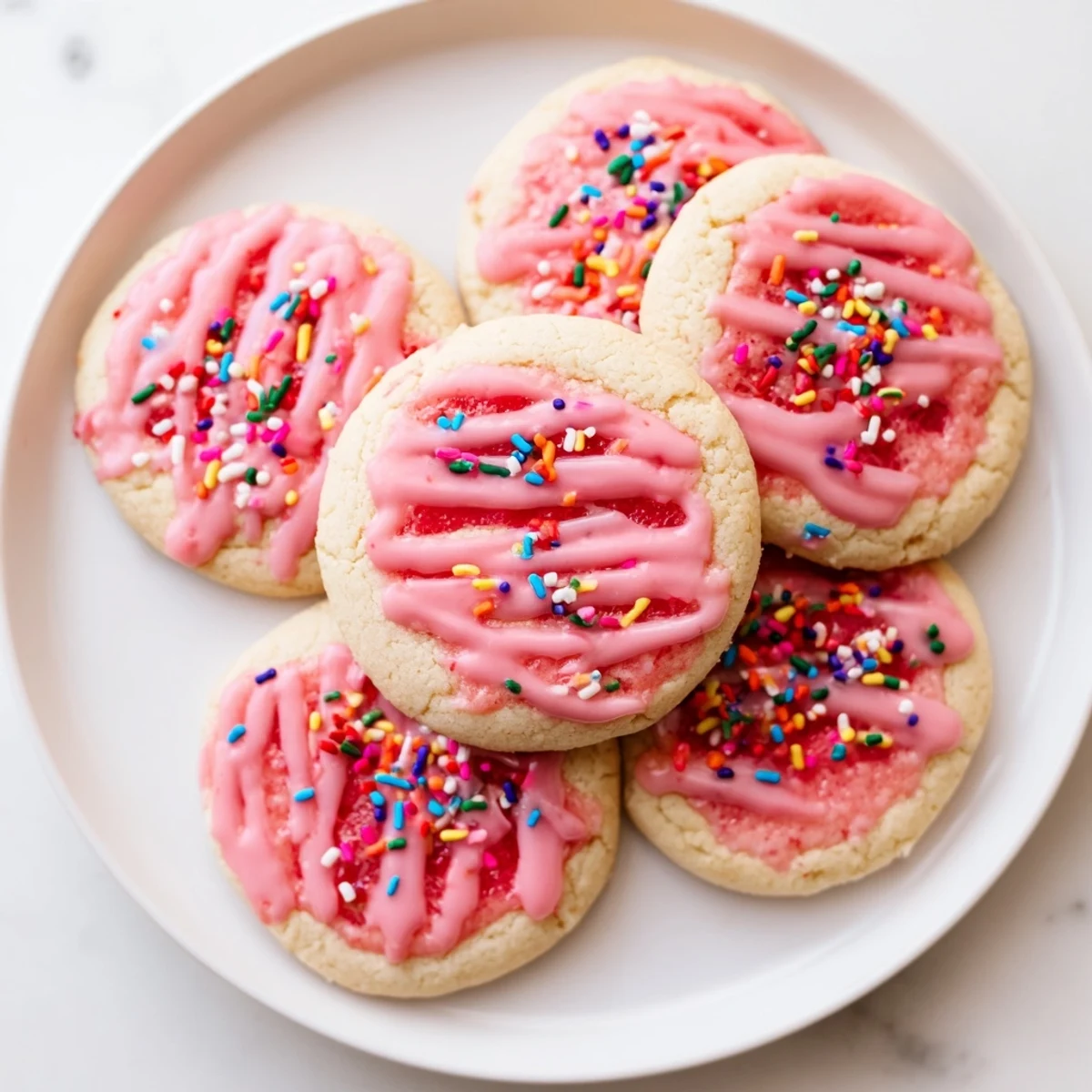 Freshly baked strawberry Pop-Tart cookies stuffed with sweet jam and topped with vanilla icing