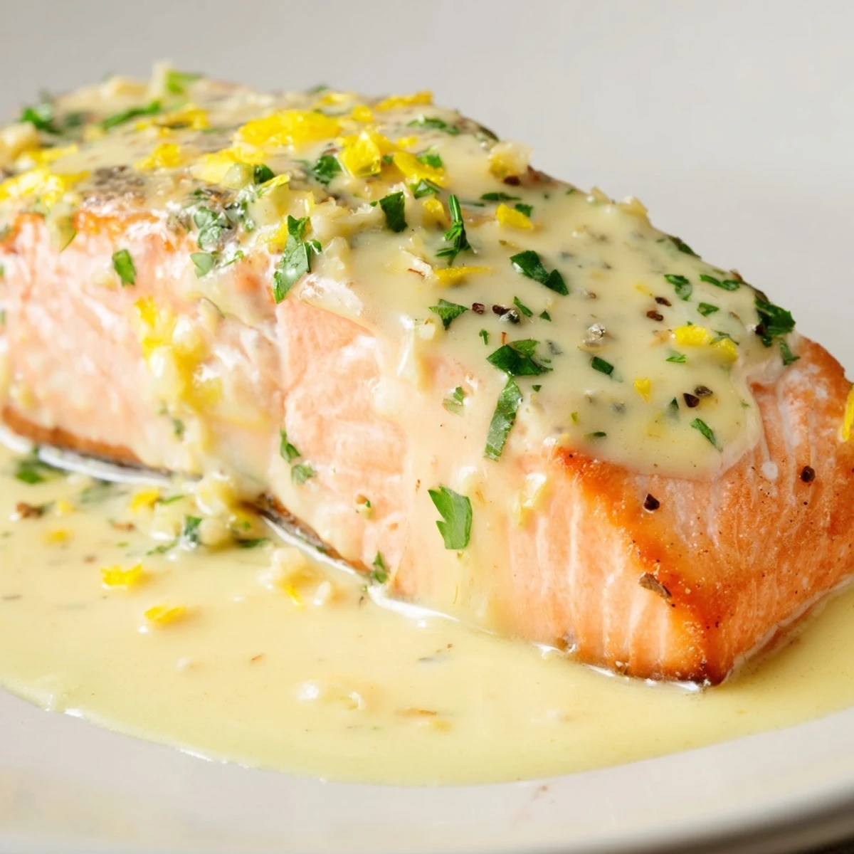 Succulent salmon with lemon cream sauce plated beautifully with creamy white sauce drizzled over