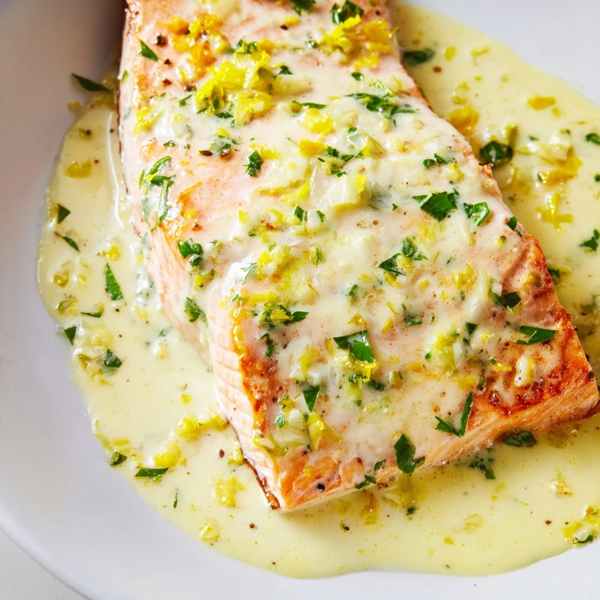 Golden pan-seared salmon fillets topped with rich lemon cream sauce and fresh parsley