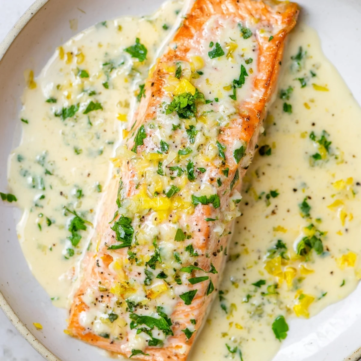 Weeknight dinner featuring tender salmon in zesty lemon cream sauce garnished with herbs