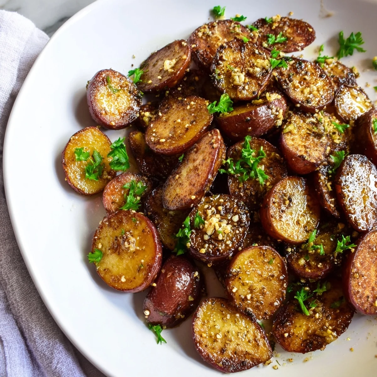 Golden brown garlic roasted radishes arranged on a white serving platter garnished with fresh parsley
