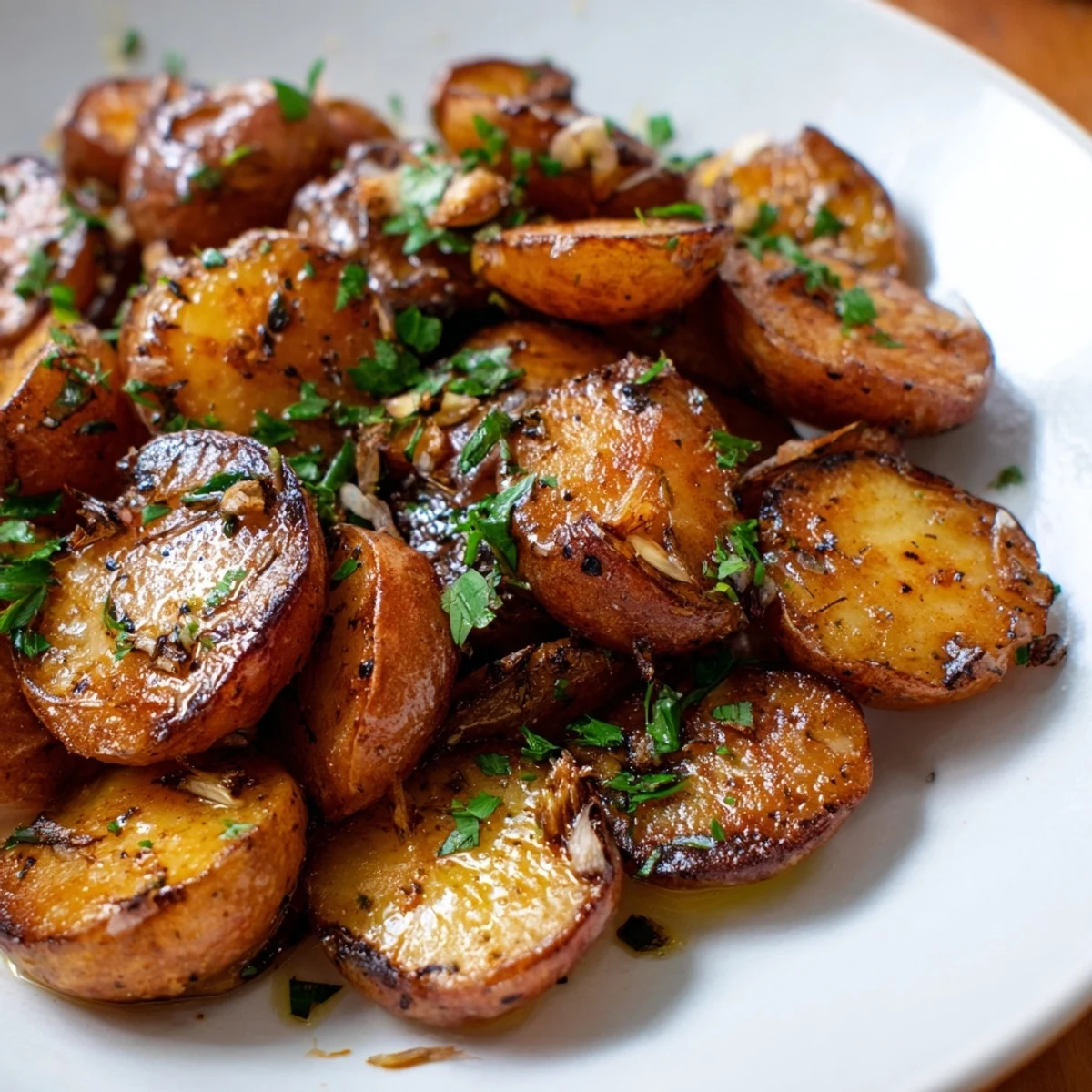 Tender caramelized radishes roasted with garlic and thyme served warm in a rustic ceramic bowl