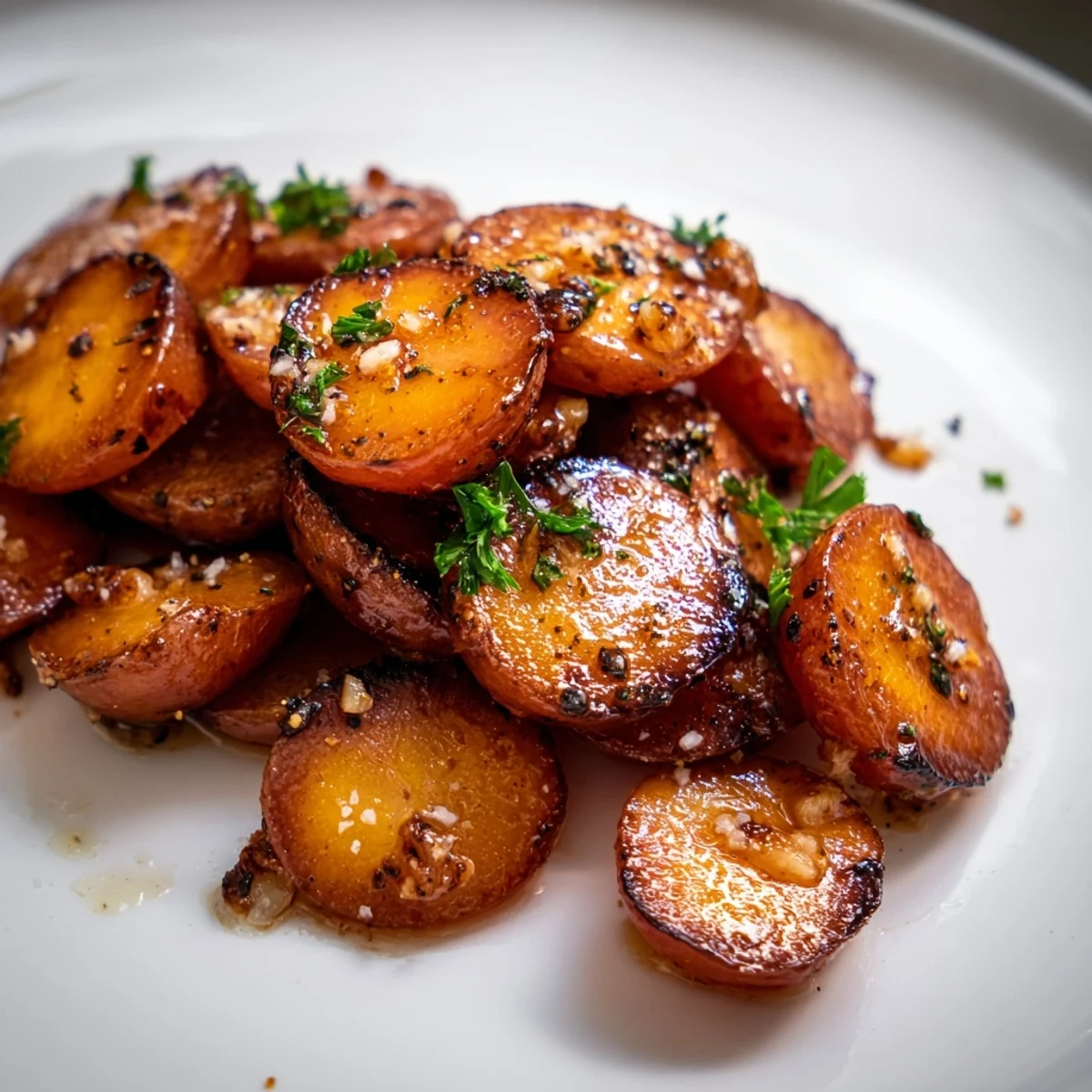 Close up of halved radishes roasted to perfection with minced garlic and dried herbs on parchment paper