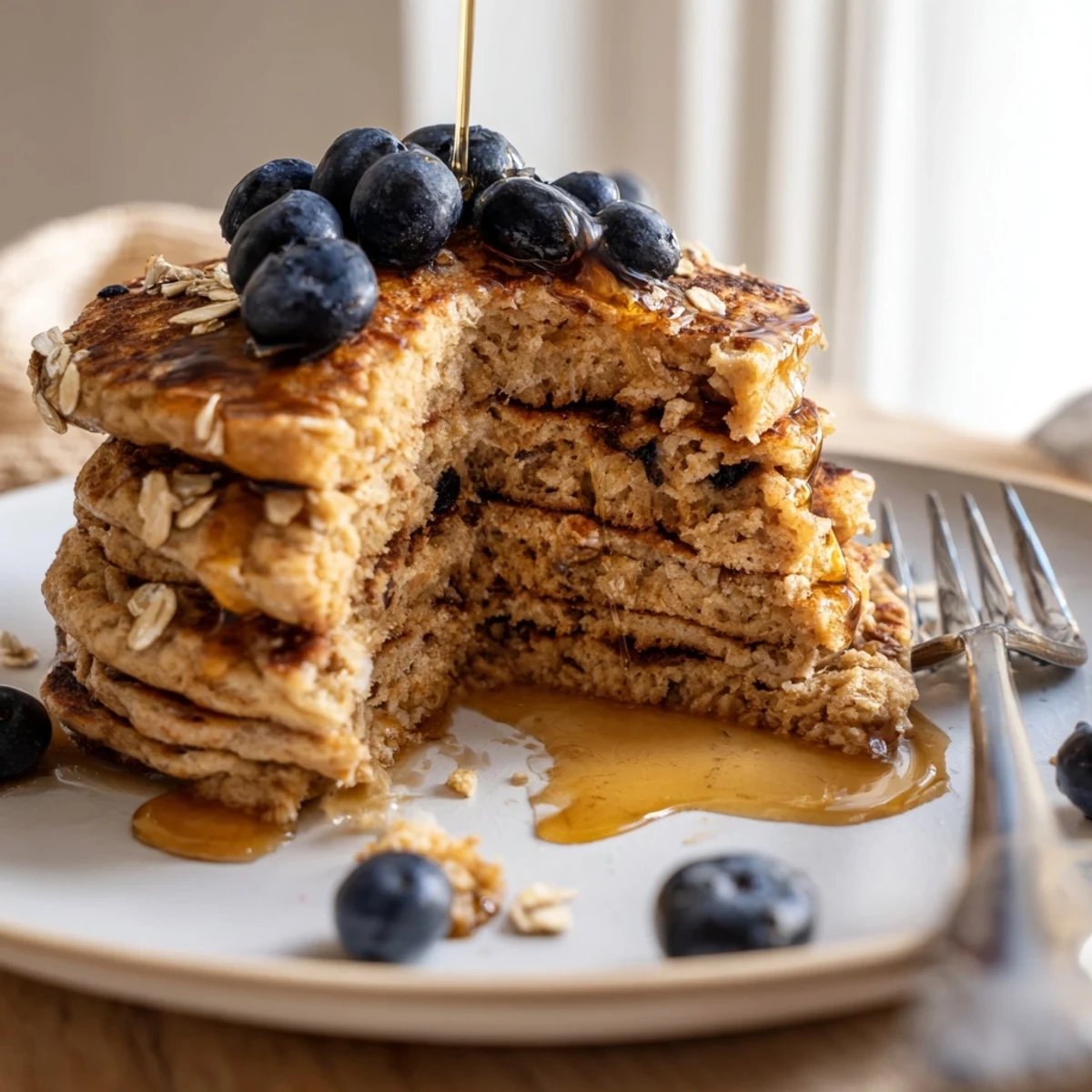 Golden brown protein banana pancakes stacked on a white plate with fresh banana slices and maple syrup drizzle