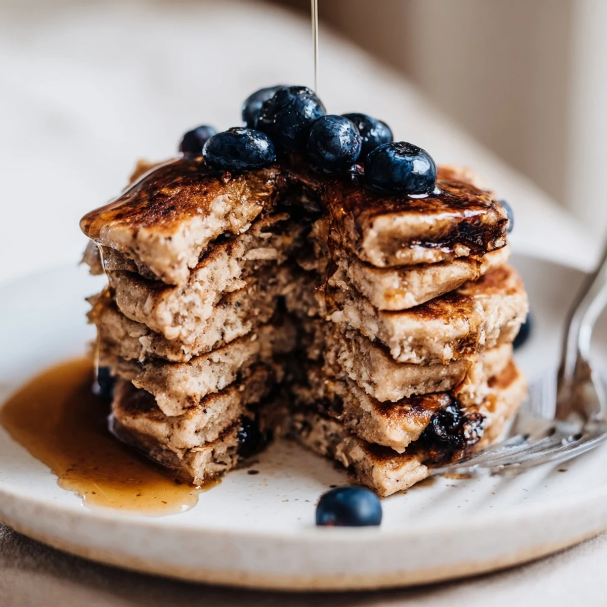 Fluffy healthy protein banana pancakes cooking in a skillet with bubbles forming on the golden surface